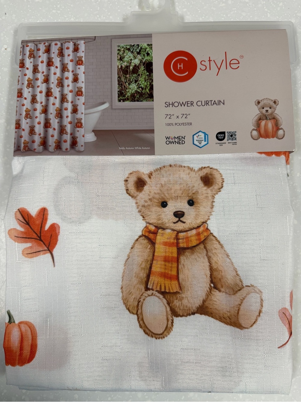 Fabric Shower Curtain with Fall Teddy Bear Design